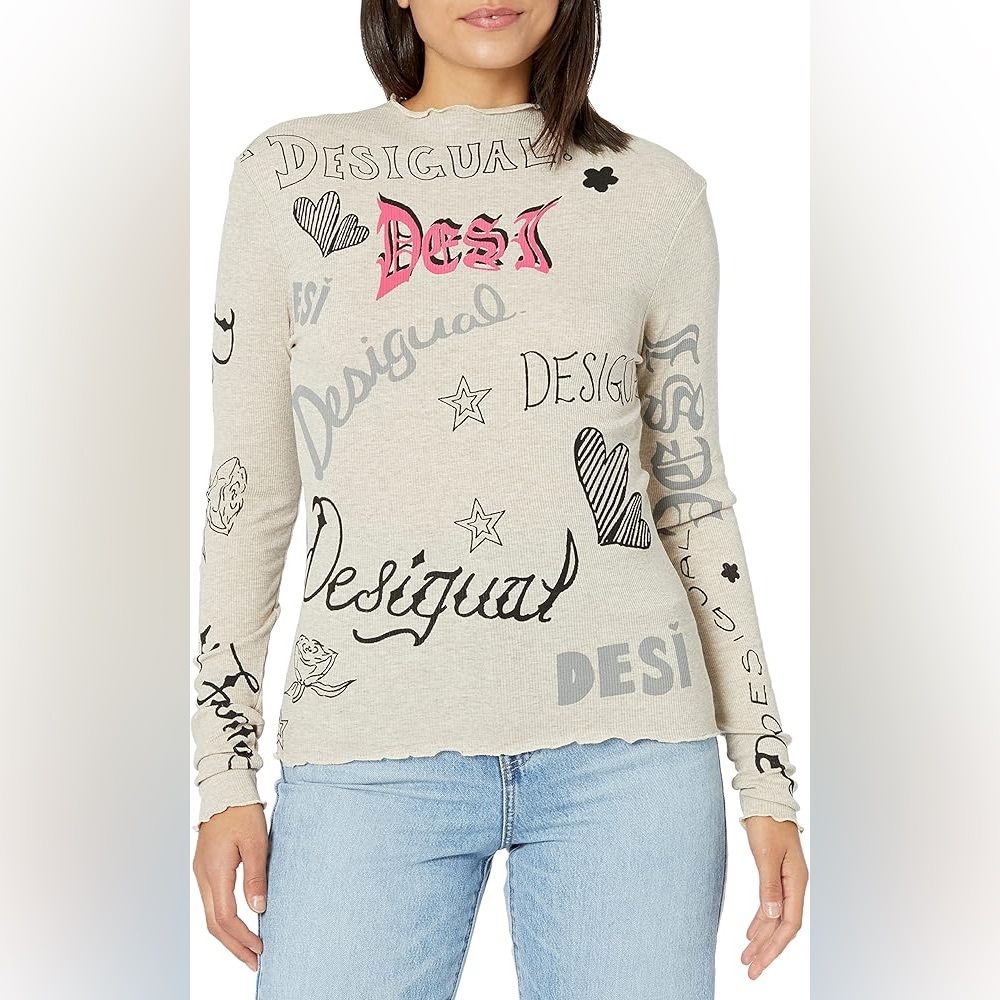 Desigual Long-Sleeve Logo Graphic Tee Cream Ribbed Size M Lettuce Edge Neckline